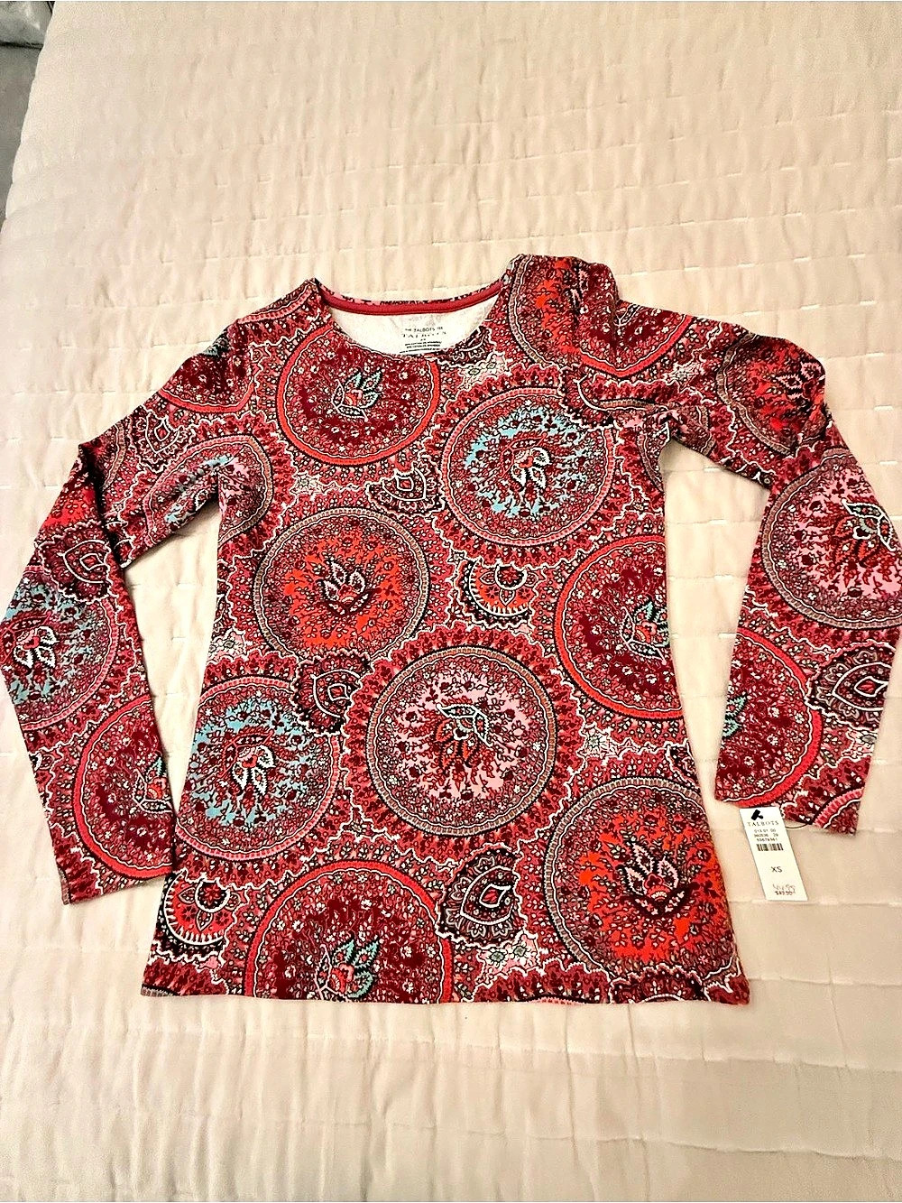 Talbots Long Sleeve Crewneck Tee - Imperial Paisley Red & Blue XS
